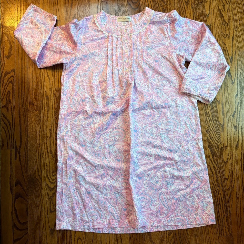 Miss Elaine Petites Paisley Nightgown PM Pink Blue Button-Front Long Sleeve